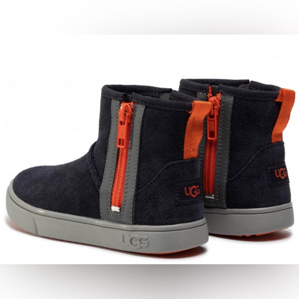 Ugg Kids Adler Sneaker boots, True Navy with Orange Zippers, size 5